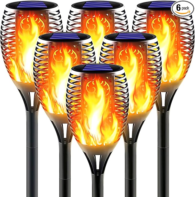 Large Solar Torch Light with Flickering Flame, Outdoor Decorative Solar Tiki Torches - Super Bright LED Landscape Lighting for Yard, Garden, Patio & Pathway Decor, Auto On/Off (6 Pack)