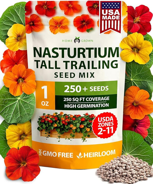 HOME GROWN Nasturtium Seeds Dwarf Tall Trailing Mix – 250+ 𝗡𝗢𝗡-𝗚𝗠𝗢 Edible Flower Seeds for Planting Outdoors – Fast Germination, Low-Maintenance Climbing & Trailing Nasturtium (Tropaeolum majus)