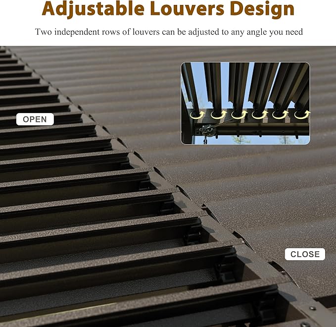 Domi 10x13FT Louvered Pergola, Full Aluminum Pergola with Adjustable Louvered Roof, Outdoor Pergola with Waterproof Curtains and Netting, Dark Brown