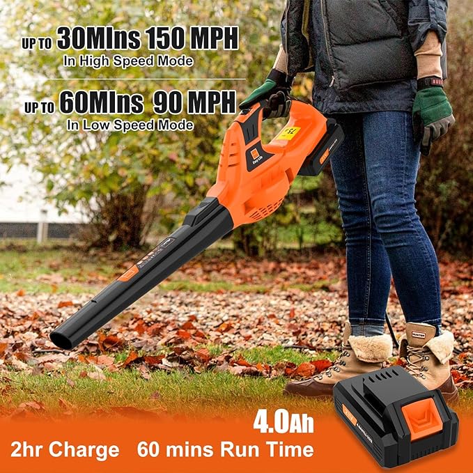 21V Leaf Blower Cordless | Handheld Electric Lightweight Blower with 4.0Ah Rechargeable Battery & Fast Charger | Adjustable Speeds, Portable Design for Lawn, Patio, Yard, Sidewalk Cleaning