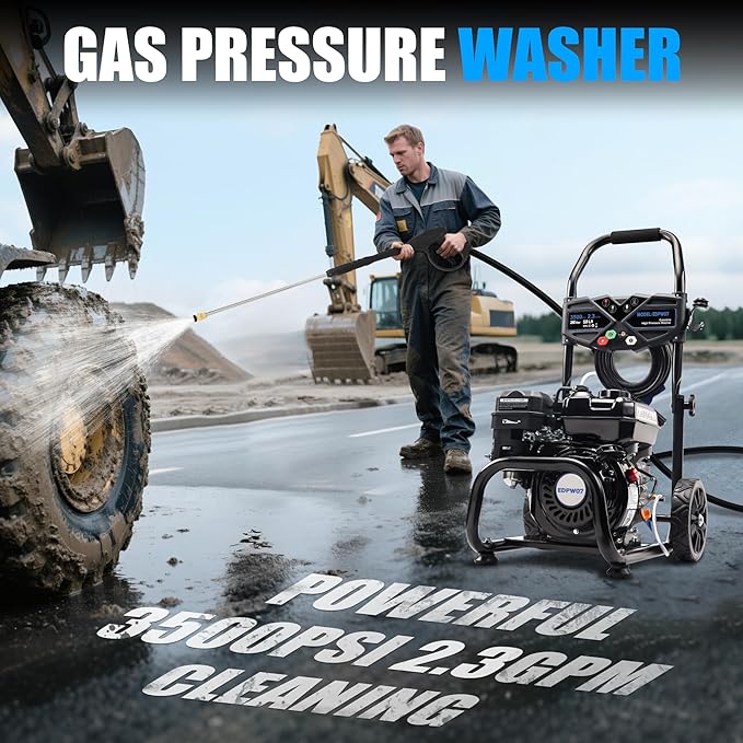 3500 PSI Gas Pressure Washer, 2.3 GPM ? Heavy Duty High Power with 209CC 7HP Engine, 25Ft Pressure Hose, Axial Aluminum Pump, Soap Tank, 4 Quick Connect Nozzles (Black)