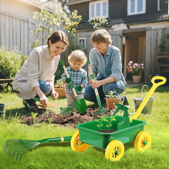 Duckura Kids Gardening Tools Set - 7pcs Wheelbarrow Set Outdoor Toy for Kids with Shovel, Rake, Leaf Rake, Yard Digging Weed Toys, Christmas Birthday Gifts for Boys Girls Age 2 3+Years Old(Yellow)