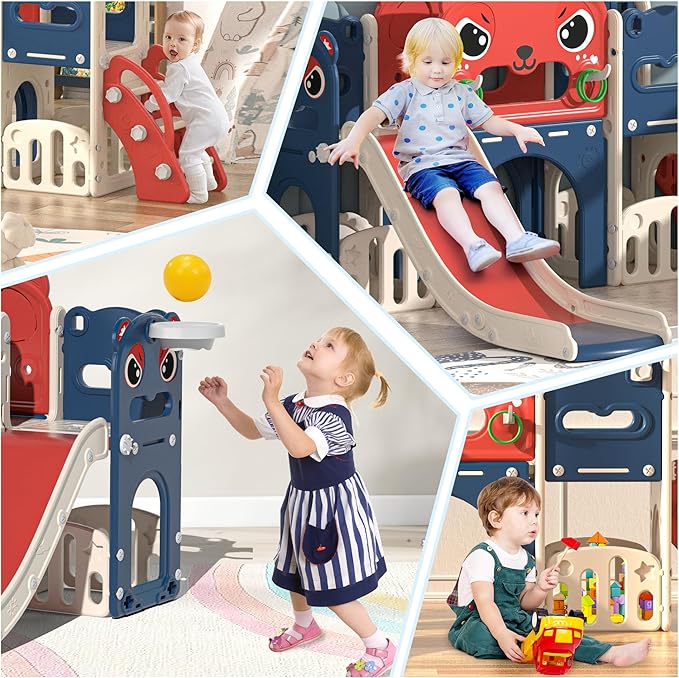 9-in-1 Toddler Slide and Climber Playset Freestanding Indoor Outdoor Kids Slide for Age 1-8, Backyard Playground with Basketball Hoop,Telescope,Storage Space