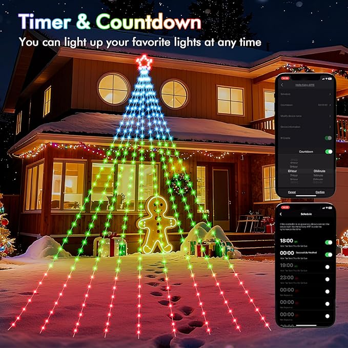 Outdoor Christmas Decorations, 16.4FT Smart RGB Color Changing Christmas Hanging Waterfall String Lights, APP Remote Control, DIY Multi-Color Lightshow, Music Sync, Outside Xmas Lights Decor