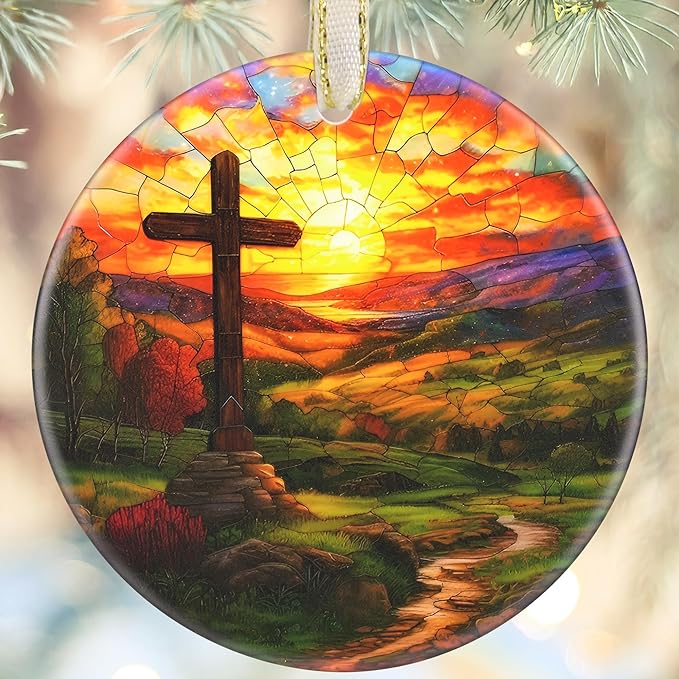 Cross Christmas Ornament, 3.5 Inch Ceramic Christian Ornament, Christmas Tree Ornaments, Christian Gifts, Religious Gifts, Thanksgiving Gifts, Perfect for Holiday Party, Tree, Window