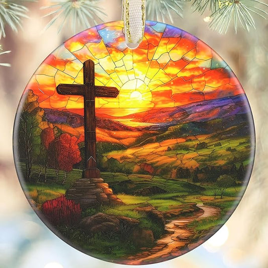 Cross Christmas Ornament, 3.5 Inch Ceramic Christian Ornament, Christmas Tree Ornaments, Christian Gifts, Religious Gifts, Thanksgiving Gifts, Perfect for Holiday Party, Tree, Window