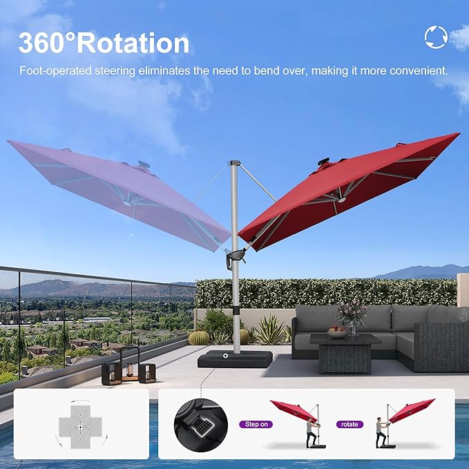 PURPLE LEAF 10 Feet Patio Umbrella with Lights Outdoor Square Cantilever Umbrella Solar Powered LED with 360-degree Rotation for Garden Deck Pool Patio, Terra