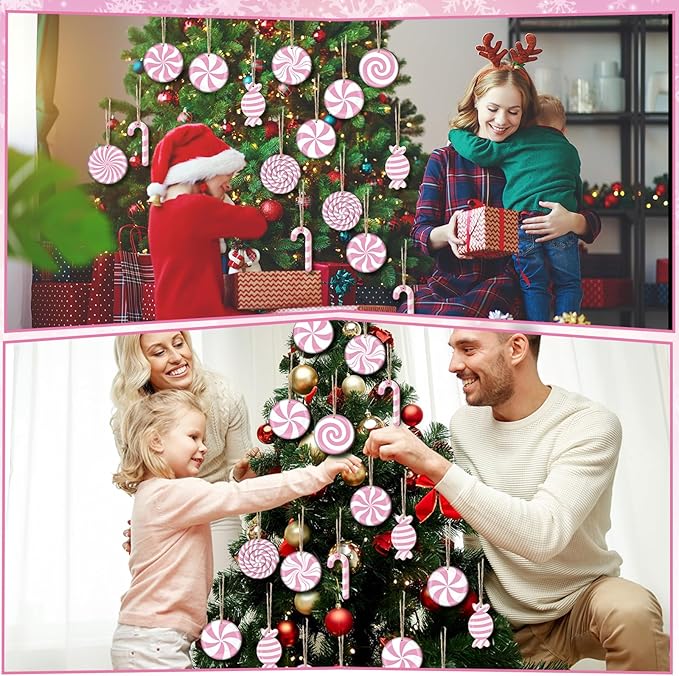 Qunclay 36 Pieces Candy Cane Christmas Ornaments Wood Hanging Lollipop Ornaments Wood Cutouts Peppermint Christmas Decor for Xmas Tree Home Decoration Party Supplies
