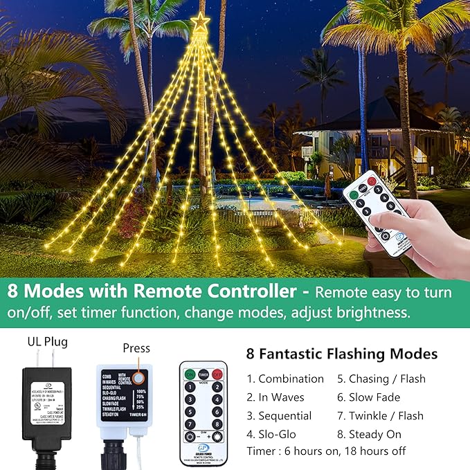 Decute Christmas Decorations Outdoor String Lights 8 Modes and Timer with Remote, Waterproof 320 LED Christmas Tree Lights Star Lights for Yard Garden Backyard Wedding Holiday Decor Warm White