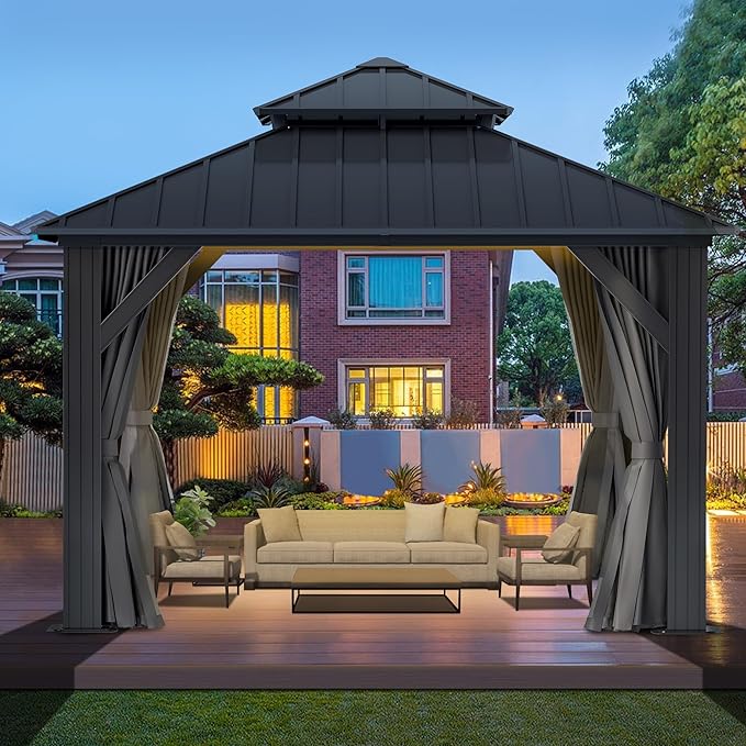 10'x10' Hardtop Gazebo, Outdoor Double Roof Galvanized Steel Gazebos, Aluminum Frame Permanent Pavilion with Curtains & Netting for Backyard, Patio, Deck