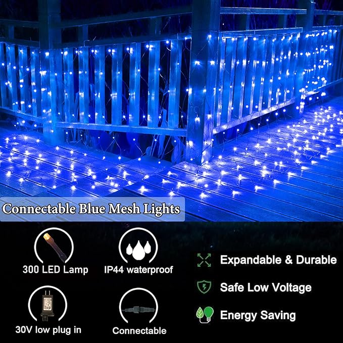 OYCBUZO 300LED Net Lights,14.8ftx5ft 8 Modes Connectable Christmas Mesh Lights, Indoor and Outdoor Fairy String Lights Plug in for Halloween Thanksgiving Bushes Xmas Tree Holiday Party Garden - Blue