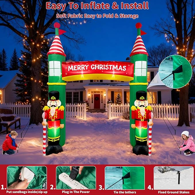 10FT Christmas Inflatable Outdoor Decoration, Nutcracker Soldier Christmas Inflatables Archway, Christmas Blow Up Yard Decorations Built-in LED Lights Xmas Archway Outdoor for Lawn Garden Xmas