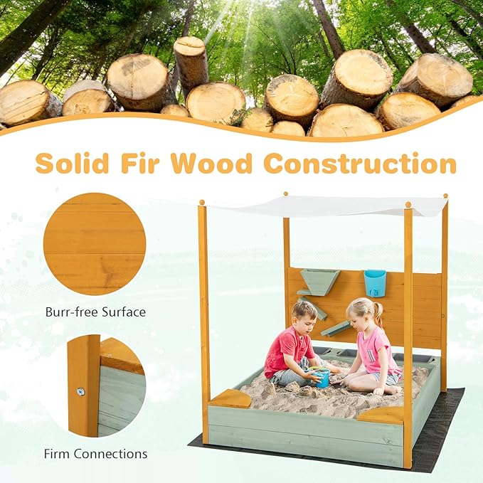 Costzon Kids Sandbox with Sand Wall, Wooden Sandpit w/Removable Canopy, Water Bucket, Storage Bins, 2 Corner Seats & Bottom Liner, Outdoor Sand Box for Kids Aged 3-8 (Backyard, Garden & Beach)