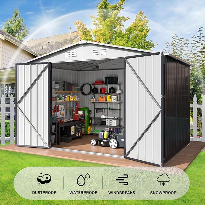Polar Aurora 6x8 FT Outdoor Storage Shed, Metal Garden Shed with Updated Frame Structure, Tool Sheds for Backyard Garden Patio Lawn White