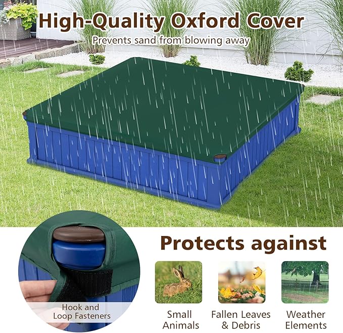 Costzon Kids Sandbox with Cover, 4ft x 4ft HDPE Sandpit with Oxford Cover, Bottom Liner, 4 Corner Seats, Weather Resistant Outdoor Sand Pit for Backyard Lawn Garden Beach (Navy)