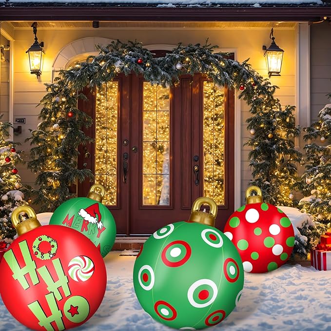 Jetec 4 Pcs Giant Inflatable Christmas Ball Large Xmas Inflatable Ornaments PVC Outdoor Holiday Blow Ball Outside Yard Lawn Porch Decorations (Polka Pattern,Vibrant Color)