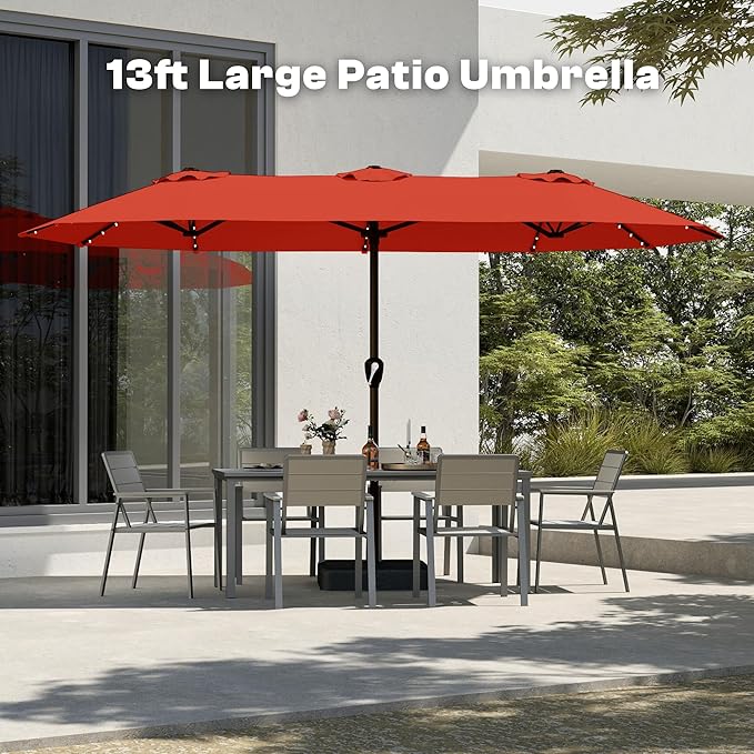 13FT Double-Sided Patio Umbrella with 48 Solar LED Lights, Large Rectangular Outdoor Market Umbrella with Crank Handle, Vented Canopy, Heavy-Duty 12 Rib Steel Frame, for Backyard, Garden, Pool, Orange