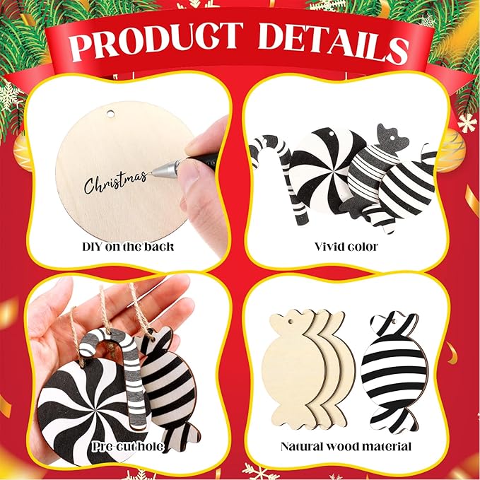 Qunclay 36 Pcs Christmas Candy Hanging Ornaments Wooden Christmas Tree Decorations Black and White Xmas Peppermint Lollipop Ornament Set for Holiday Birthday Party Decoration Supplies Crafts Gifts