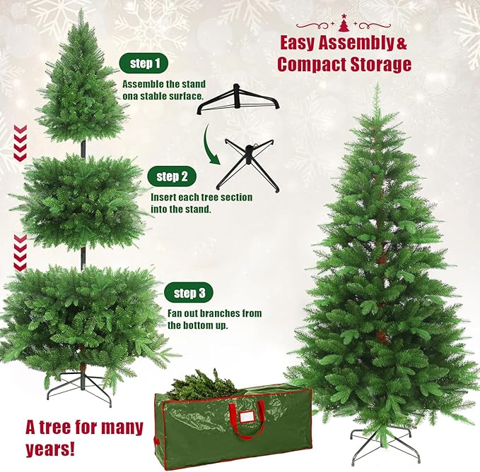 6FT Thick Artificial Christmas Tree with PE+PVC Mixed Branches, 1200+ Tips Snow Flocked Pine,UV Resistant for Outdoor Indoor Offices Home Holiday Christmas Decor