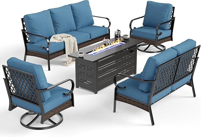 5 Piece Metal Outdoor Patio Furniture Sets with Firepit Table, Patio Conversation Sets 1 3-Seater Sofa, 1 Loveseat, 2 Swivel Chair with 5.75" Cushion for Backyard Deck, Denim Blue