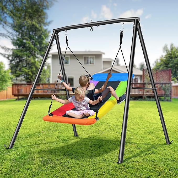Trekassy Swing Sets for Backyard, 440lbs Heavy Duty A-Frame Metal Stand with 60 Large Platform Swing for Outdoor Playground Park