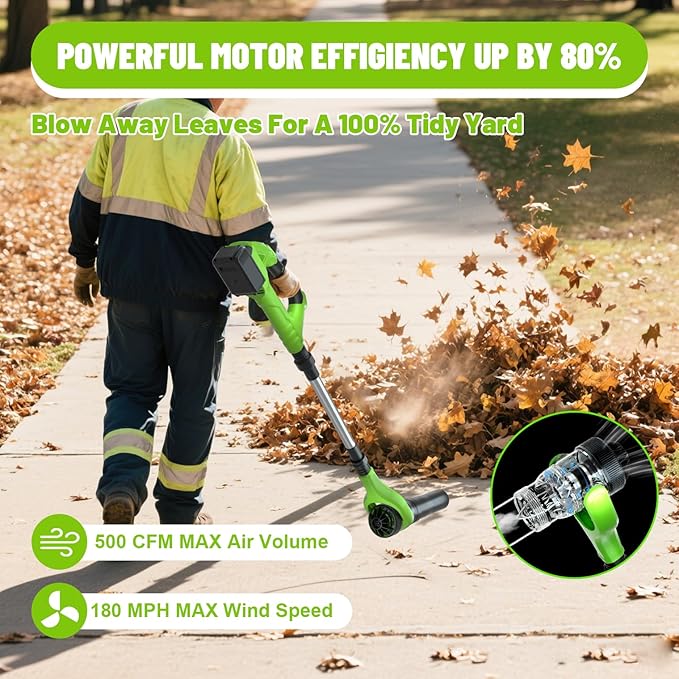 Leaf Blower Cordless, 21V Electric Leaf Blower Cordless with 2 Batteries, Adjustable 300¡Æ Multi-Angle Rotation Nozzle 3 Speed Modes 500CFM/180MPH for Lawn Care, Patio, Dust, Leaves, Yard, Car, Gutter