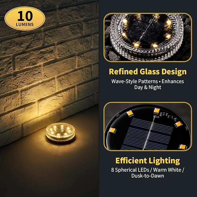 Glass Solar Pathway Lights with Wave Style, Modular-Design Waterproof In-Ground Light for Patio Pathway Lawn Yard Deck Walkway, Decorative Disk Lighting for Garden Bed, Warm White (8 Pack)
