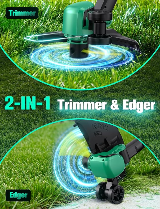 KIMO Cordless Weed Wacker Battery Operated w/ 2 x 2.0Ah Batteries, 2-in-1 String Trimmer & Edger with Charger & Wheels, 12 Dual-Sided Cutting Line, 10Pcs Cutting Lines, 20V Weed Trimmer for Lawn Yard