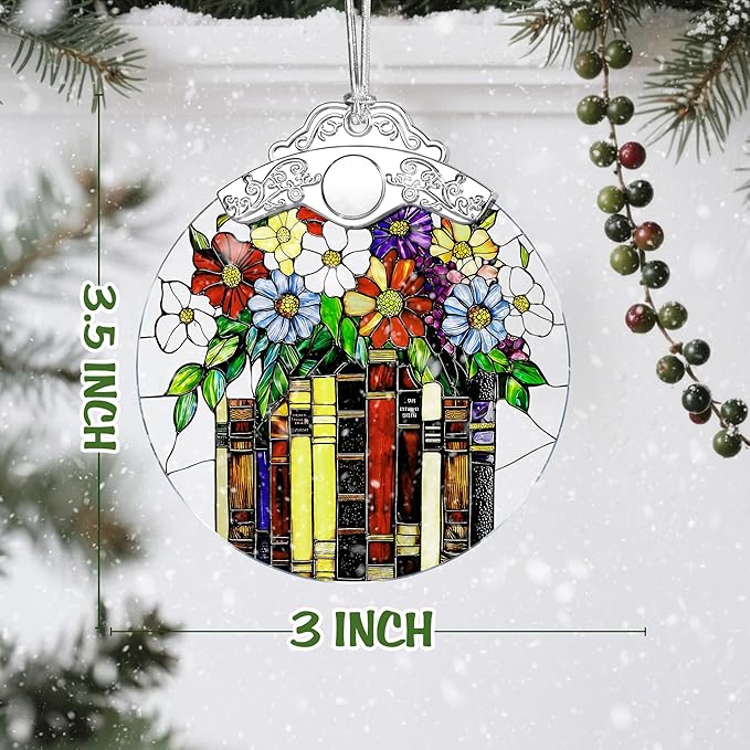 Flower Book Stained Glass Ornament, Christmas Ornaments – Christmas Tree Ornament, Holiday Decor, Xmas Stocking Stuffers, Gift Idea, Bookworm Gift, Book Reader Gifts