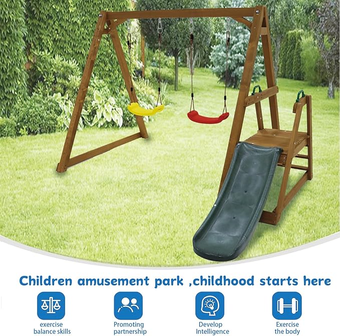 Kids Swing Set Outdoor and Slide - Sturdy Solid Wood Swing Frame with Climbing Ladder - Natural