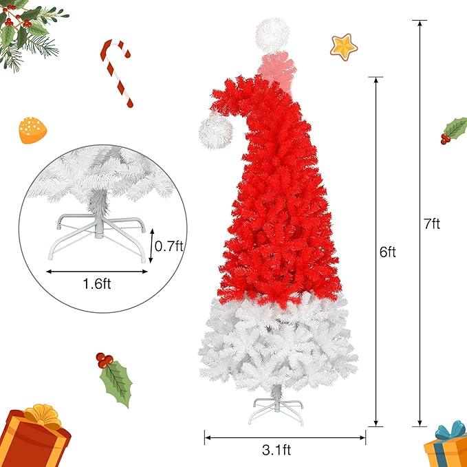 Merax 7FT Prelit Red Christmas Tree, Santa Hat Elf Hat Whimsical Christmas Tree Prelit with 400 Lights, 1250 Tips for Holiday Decor (Red)