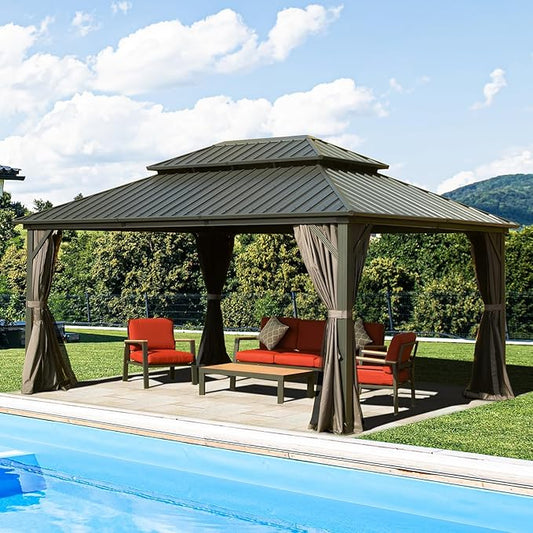 Domi Hardtop Gazebos 12x16FT, Aluminum Metal Gazebo with Galvanized Steel Double Roof Canopy, Curtain and Netting, Permanent Gazebo Pavilion for Patio, Backyard, Deck and Lawn, Grey