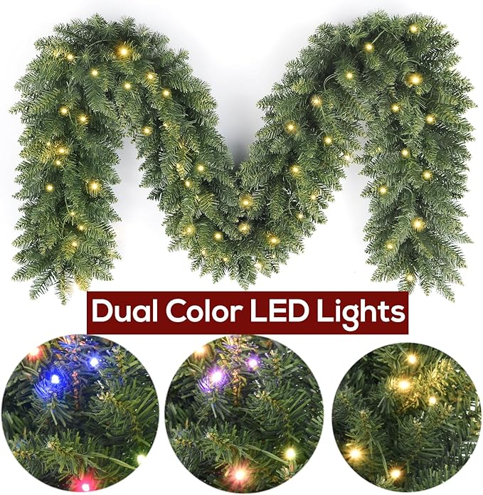 9FT Pre-Lit Artificial Christmas Garland with Dual Color LED Lights and Timer by Remote Control and Batteries Operated, Holiday Decorations, for Indoor Door Home Stairs Fireplaces Wall