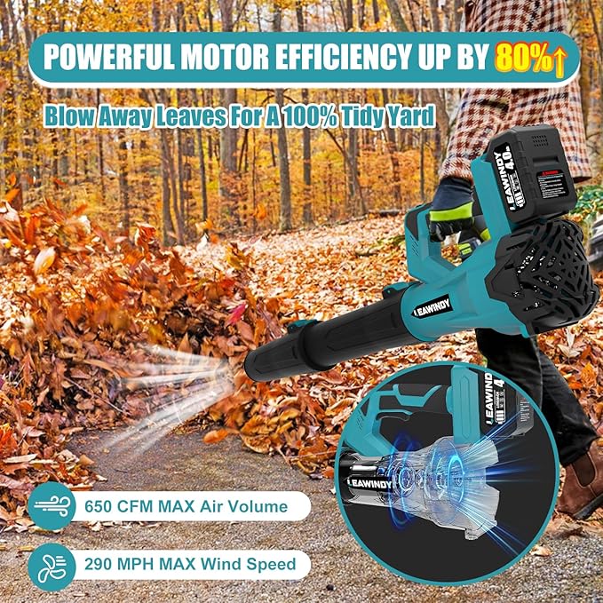 Leaf Blower Cordless 6 Speed Mode, 650CFM 290MPH Cordless Leaf Blowers with 2 X 4.0ah Batteries And Charger, 21V Electric Snow Blower, Gift Lawn Blower for Patio Cleaning, Lawn Care, Blowing Leaves