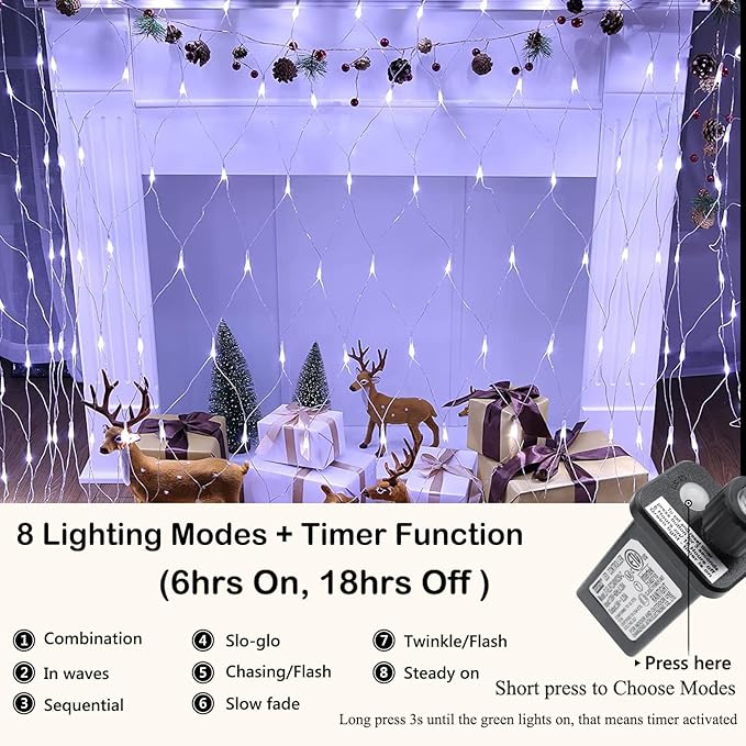 Joomer Christmas Net Lights - 12FT x 5FT 360 LED Plug-in Mesh Lights, Waterproof with 8 Modes, Timer, Connectable for Bushes, Trees, Garden, Outdoor Christmas Decor (Clear Wire, White)