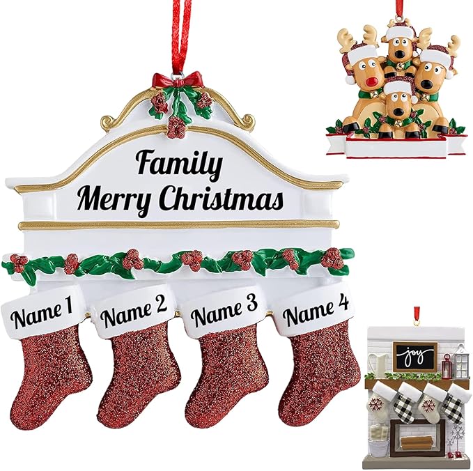Personalized Christmas Ornaments 2023 Red Stocking Family of 2/3/4/5/6/7/8 Custom Christmas Ornament with Names Customized New Year Family Ornament for Christmas Tree Decor（Family of 4）
