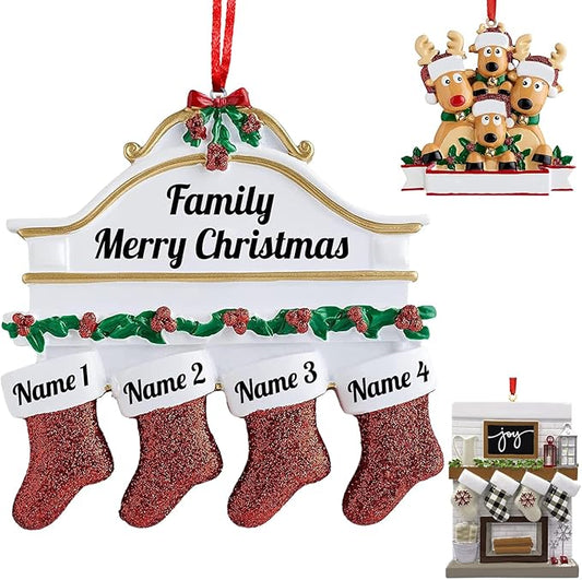 Personalized Christmas Ornaments 2023 Red Stocking Family of 2/3/4/5/6/7/8 Custom Christmas Ornament with Names Customized New Year Family Ornament for Christmas Tree Decor（Family of 4）