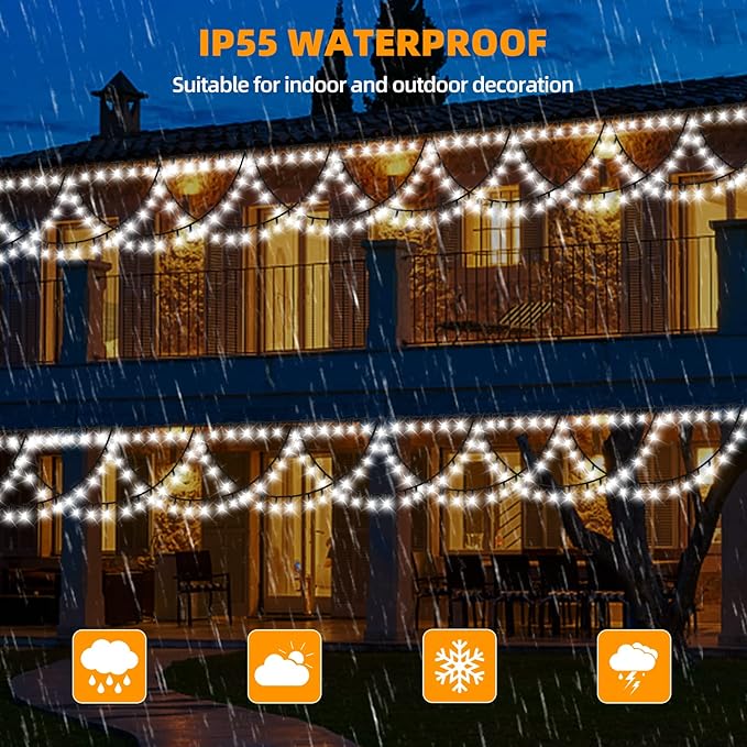 XTF2015 Christmas String Lights Outdoor Decor Color Changing 40FT 380 LED Extendable 8 Modes, Half Round Christmas Lights for Wedding Party Garden Bedroom Eaves (Cool White)