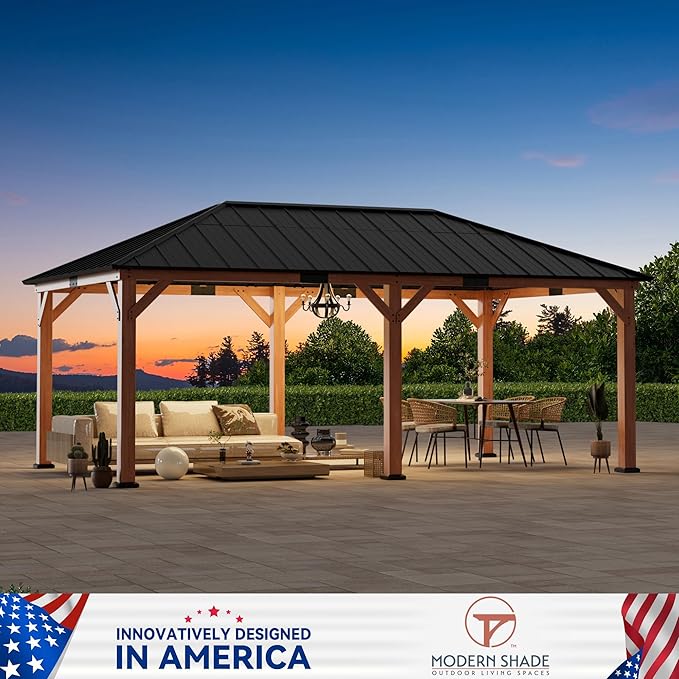 Modern Shade Tranquil Grove Wood Gazebo 12' x 20', Permanent Grill Gazebo with Galvanized Steel Hardtop Roof, Cedar Framed Wooden Pavilion for Garden, Backyard
