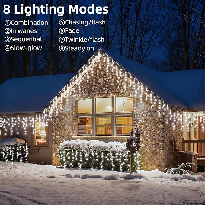 Christmas Outdoor Icicle Lights - 200 LED 21+16 FT 8 Modes Curtain Fairy String Light Plug in, Waterproof for Eaves Yard Holiday Xmas Holiday Indoor Outdoor Decoration - White