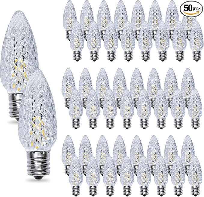 C9 Christmas Light Bulbs 50 Pack, Shatterproof Replacement LED Bulb, 2700K Warm White Fairy Lights for Indoor and Outdoor Holiday Decoration, E17 Base