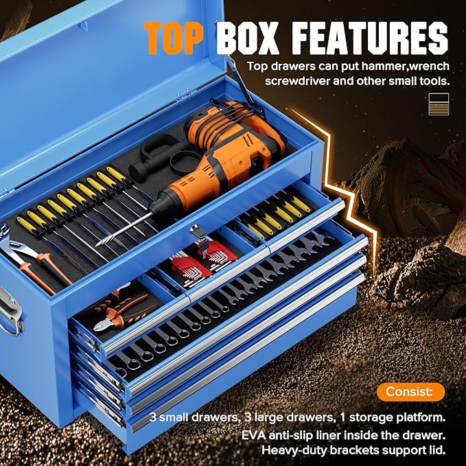 Crownland 8-Drawer Rolling Tool Chest with Wheels, Lockable 2 in 1 Detachable Tool Cabinet wit Drawers and Black Liners, Garage Top Toolbox & Bottom Storage Cart with Side Hooks(Blue)