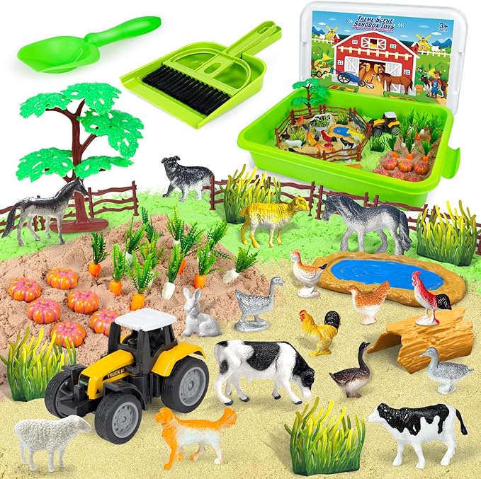 Bloolilies Sensory Bin, 59 Pcs Farm Sensory Sand Box Kits with Sandbox & Farm Animals & Tractor Playset, Play Sand Art Kit Magic Sand Toys for Boys Girls Toddlers Birthday Easter Valentines Gift