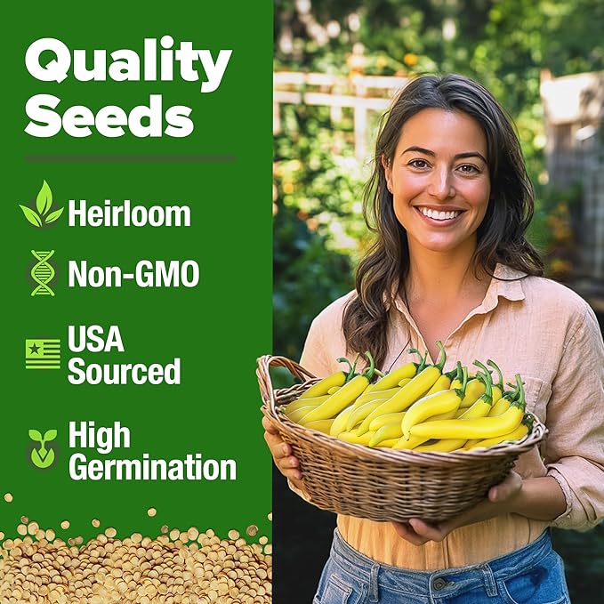 HOME GROWN 𝗨𝗦𝗔 𝗣𝗥𝗘𝗠𝗜𝗨𝗠 Banana Pepper Seeds Pack – 94 𝗡𝗢𝗡-𝗚𝗠𝗢 Heirloom Vegetable Seeds – High Germination Sweet Peppers for Planting Indoors or Outdoor Garden (Capsicum annuum) (1pack)