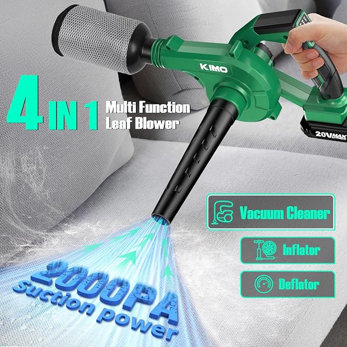 K I M O. Cordless Leaf Blower and Vacuum Combo 4 In 1, 3 Nozzles for Inflation and Deflation, 190MPH/260CFM, Smart Panel with 3 Modes, 20 Extended Tube, 2000mAh Battery Cordless Blowers for Lawn Care