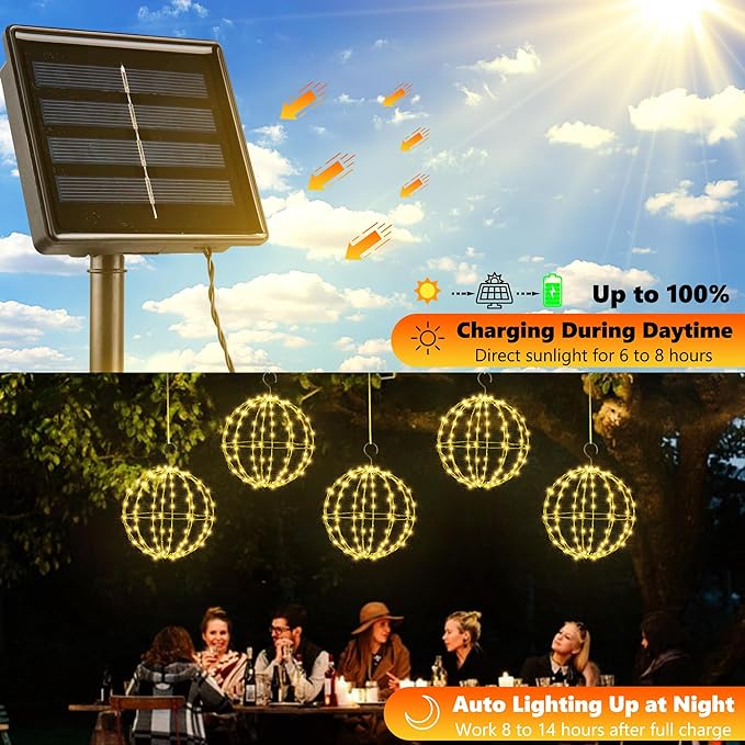 Joomer Christmas Solar Ball Lights, 13IN & 11IN Foldable Metal Sphere Lights Waterproof 8 Modes with Hook, Solar Powered Hanging Globe Light for Outdoor Christmas Decoration (2 Pack, Warm White)