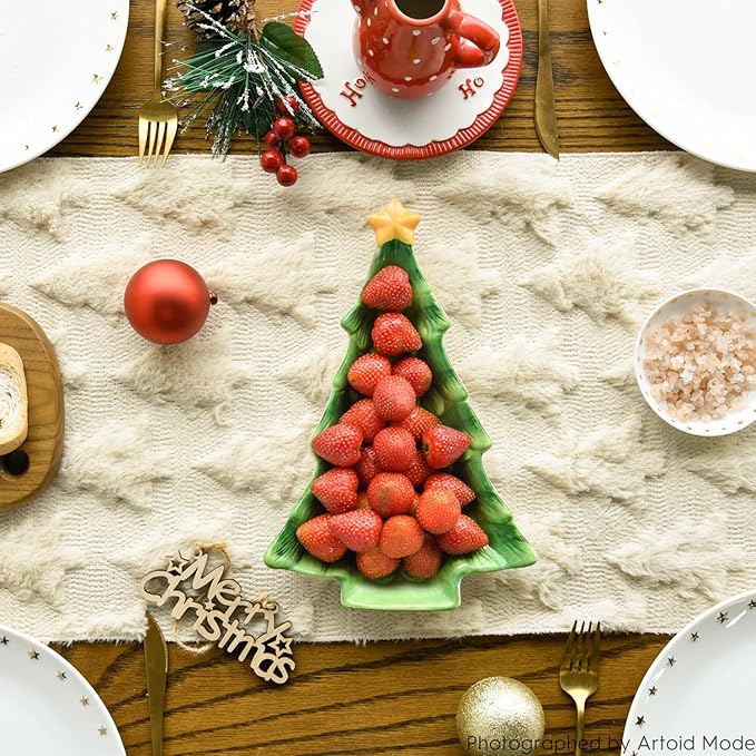Artoid Mode Christmas Trees Beige Soft Plush Faux Fur Jacquard Christmas Table Runner, Holiday Kitchen Dining Table Decoration for Home Party Decor 13x36 Inch