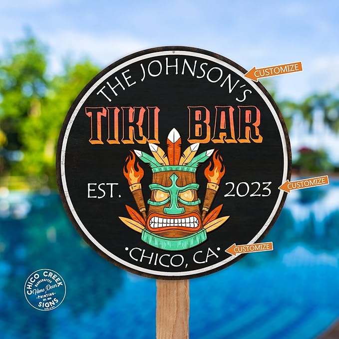 Personalized Tiki Bar Sign, Backyard Sign, Wall Decor, Tropical Sign, Surf Beach Wall Art, Patio Plaque, Bar Grill, Made in USA 12" 200120050004