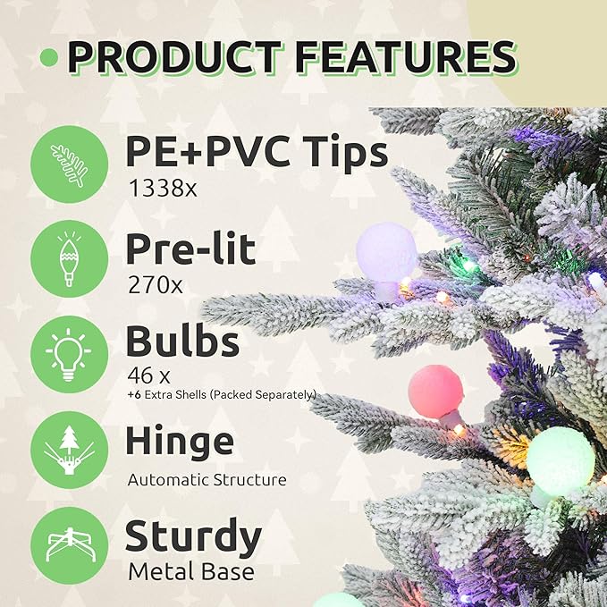 GOOBED 6FT Prelit Flocked Christmas Tree with Remote, Layered Hinged Flocked Christmas Tree w/ 1338 PE & PVC Mixed Tips, 270 Warm-White & Color Changing Lights w/Removable Bulbs,11 Modes