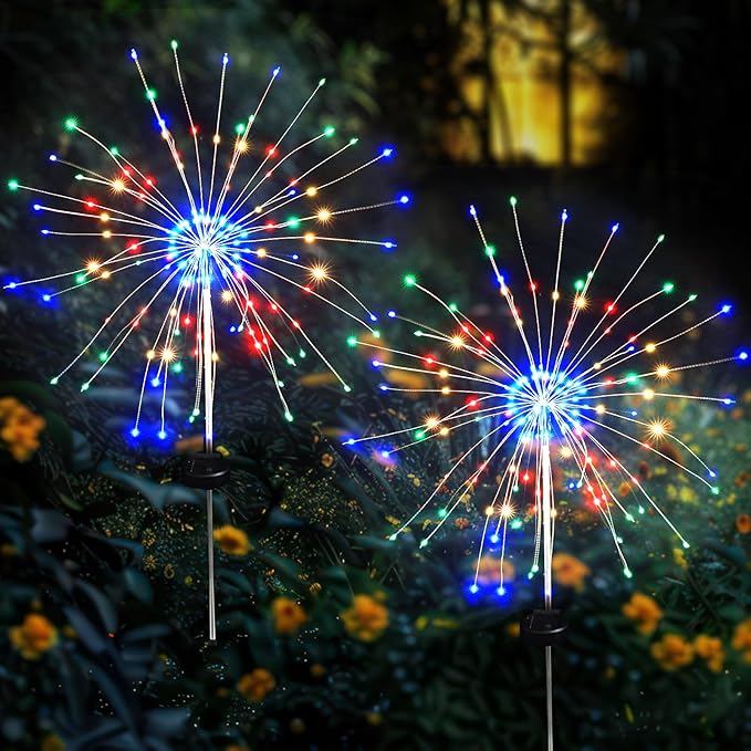 Solar Garden Firework Lights Outdoor Waterproof, 2 Pack Solar Lighting with 8 Lighting Modes , 120 LED Sparklers String Lights for Outside Decor Yard Pathway Halloween Decorations(Colorful)